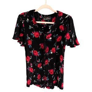 Vintage David Rose Scoop Neck Button Up Rose Floral Print with Frill Sleeves M